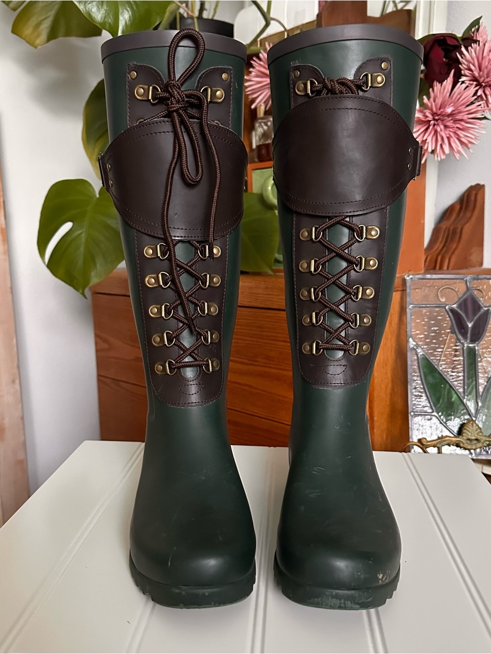 UGG Dark Green and Brown Lace-Up Tall Rain Boots